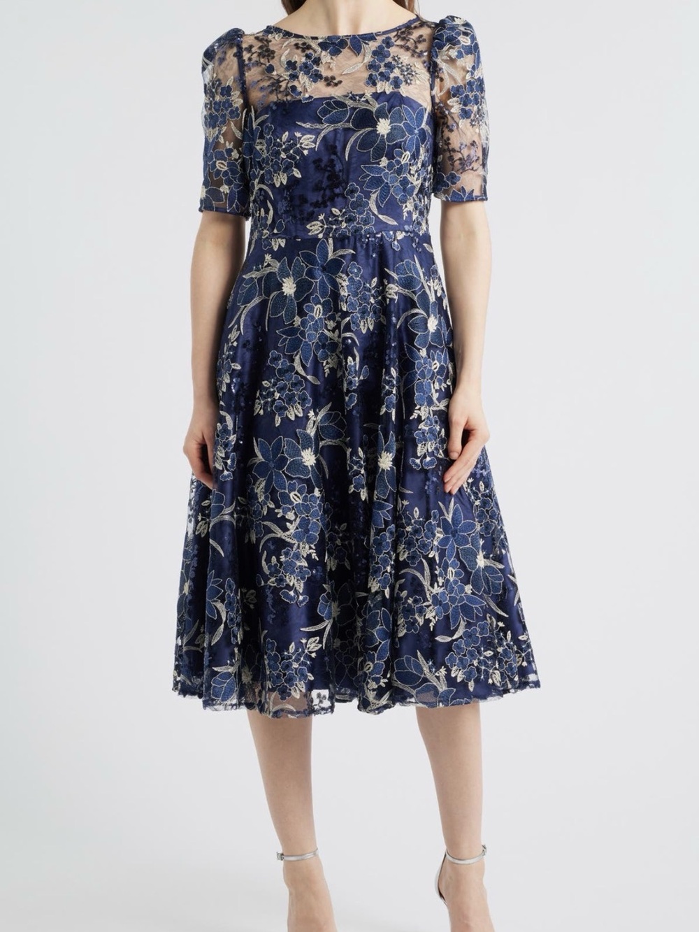 Eliza J Illusion Embroidered Fit and Flare Blue Floral Lace Cocktail Dress NWT